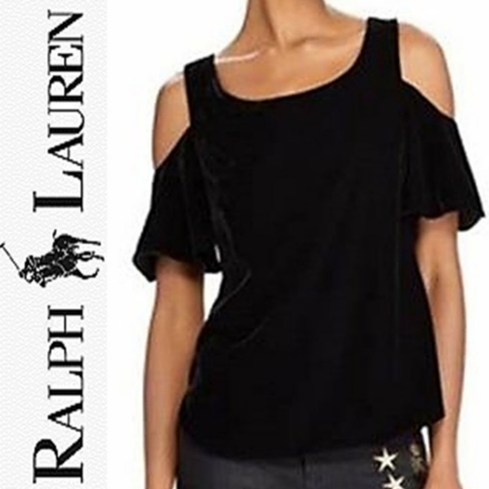 NWT Ralph Lauren Black Velvet Cold Shoulder Flowy Elegant Zip Blouse Top XL